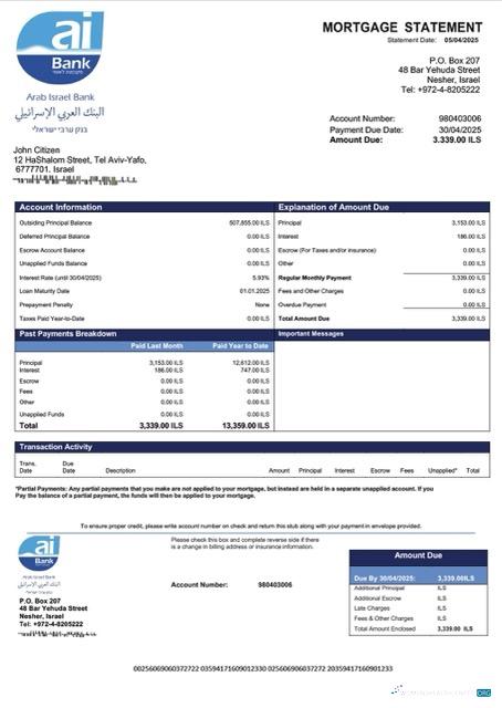 Download Israel Arab Israel Bank mortgage statement Word and PDF template Photoshop template